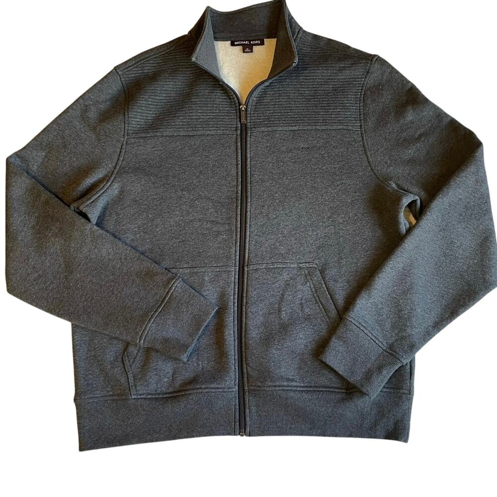 Michael Kors Men's Collared Full Zip Ribbed Navy Blue Cozy Sweatshirt XL